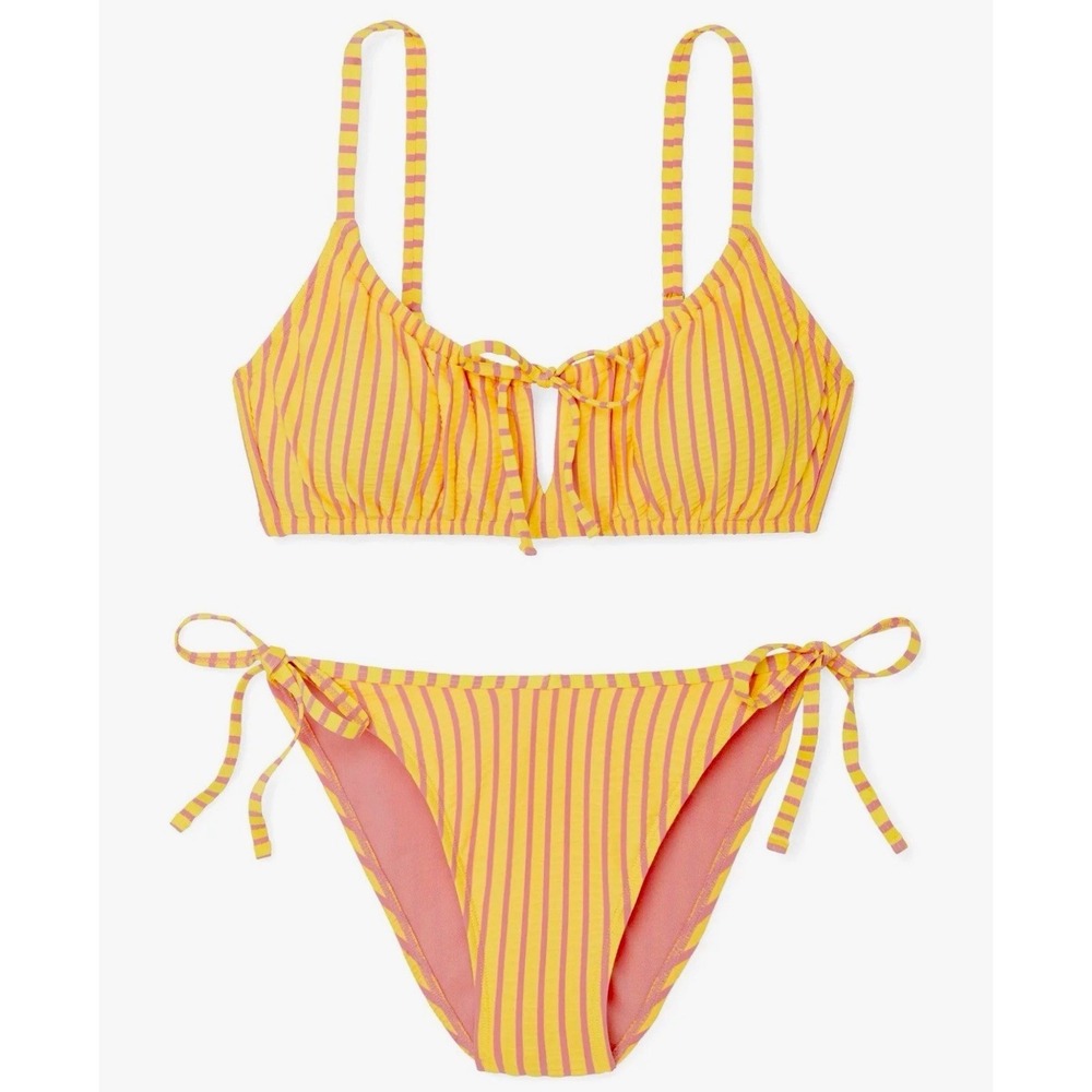 Adore Me Striped Bikini Set XL New w/tags Ruched Yellow Adjustable Strapsโ